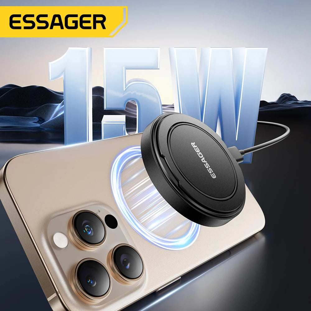 Cargador inalámbrico magnético Essager con soporte, carga rápida de 15 W para iPhone 16, 15, 14, 13 Pro Max y AirPods Mini.