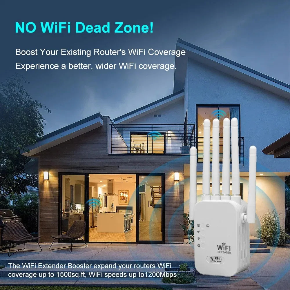 Repetidor WiFi Doble Banda 1200 Mbps — Amplificador 2.4GHz y 5GHz, 6 Antenas