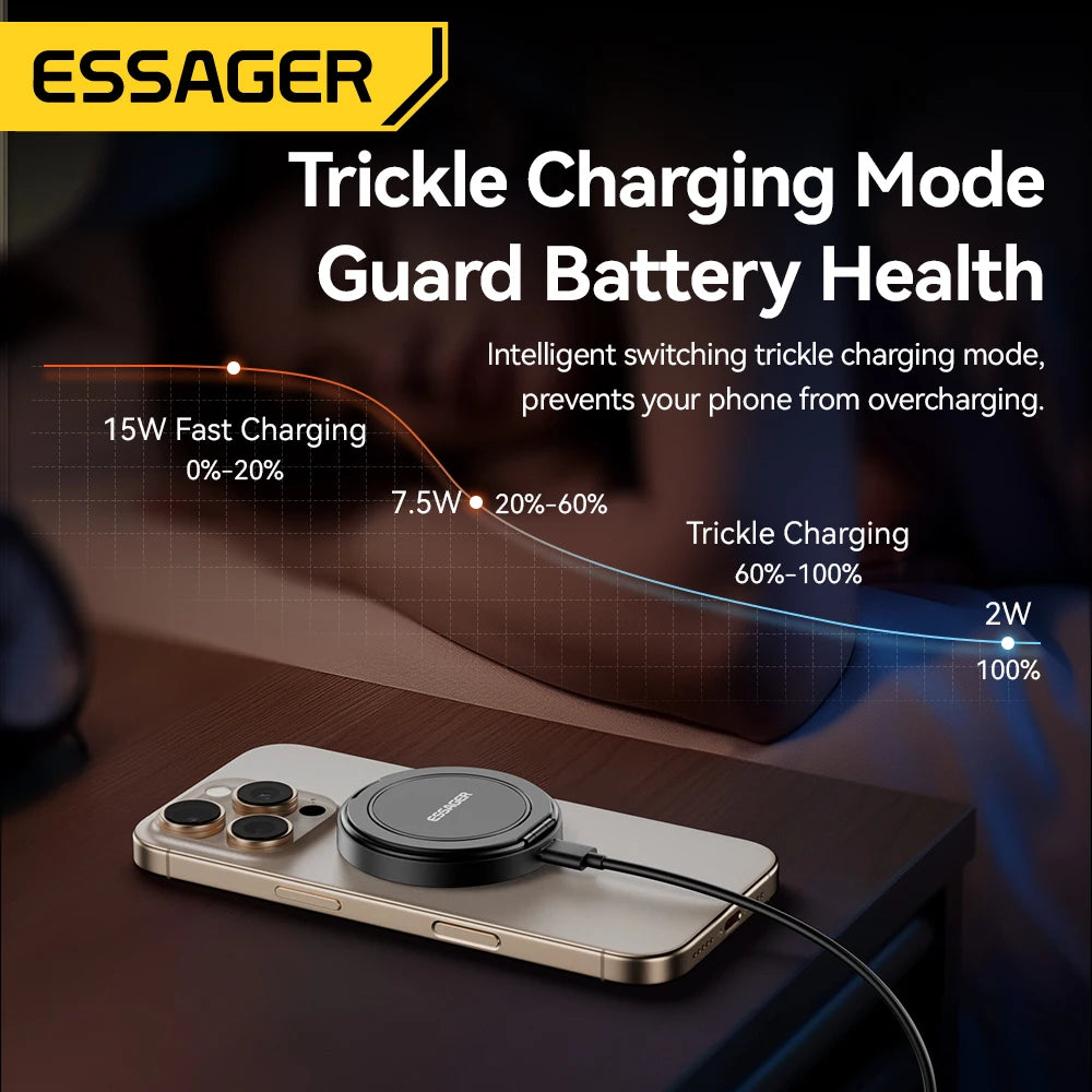 Cargador inalámbrico magnético Essager con soporte, carga rápida de 15 W para iPhone 16, 15, 14, 13 Pro Max y AirPods Mini.