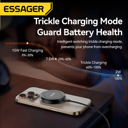 Cargador inalámbrico magnético Essager con soporte, carga rápida de 15 W para iPhone 16, 15, 14, 13 Pro Max y AirPods Mini.
