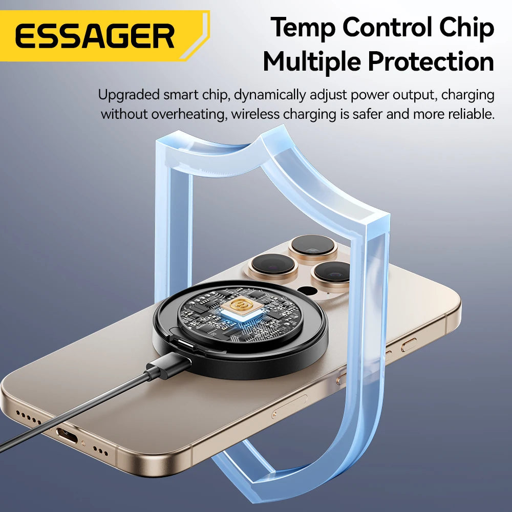 Cargador inalámbrico magnético Essager con soporte, carga rápida de 15 W para iPhone 16, 15, 14, 13 Pro Max y AirPods Mini.