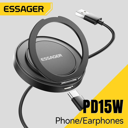 Cargador inalámbrico magnético Essager con soporte, carga rápida de 15 W para iPhone 16, 15, 14, 13 Pro Max y AirPods Mini.