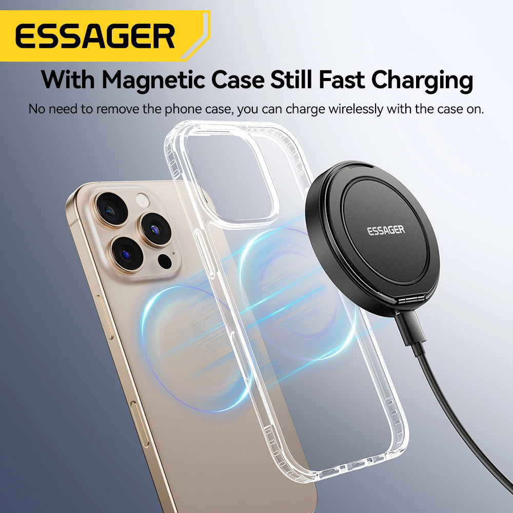 Cargador inalámbrico magnético Essager con soporte, carga rápida de 15 W para iPhone 16, 15, 14, 13 Pro Max y AirPods Mini.