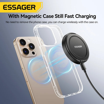 Cargador inalámbrico magnético Essager con soporte, carga rápida de 15 W para iPhone 16, 15, 14, 13 Pro Max y AirPods Mini.