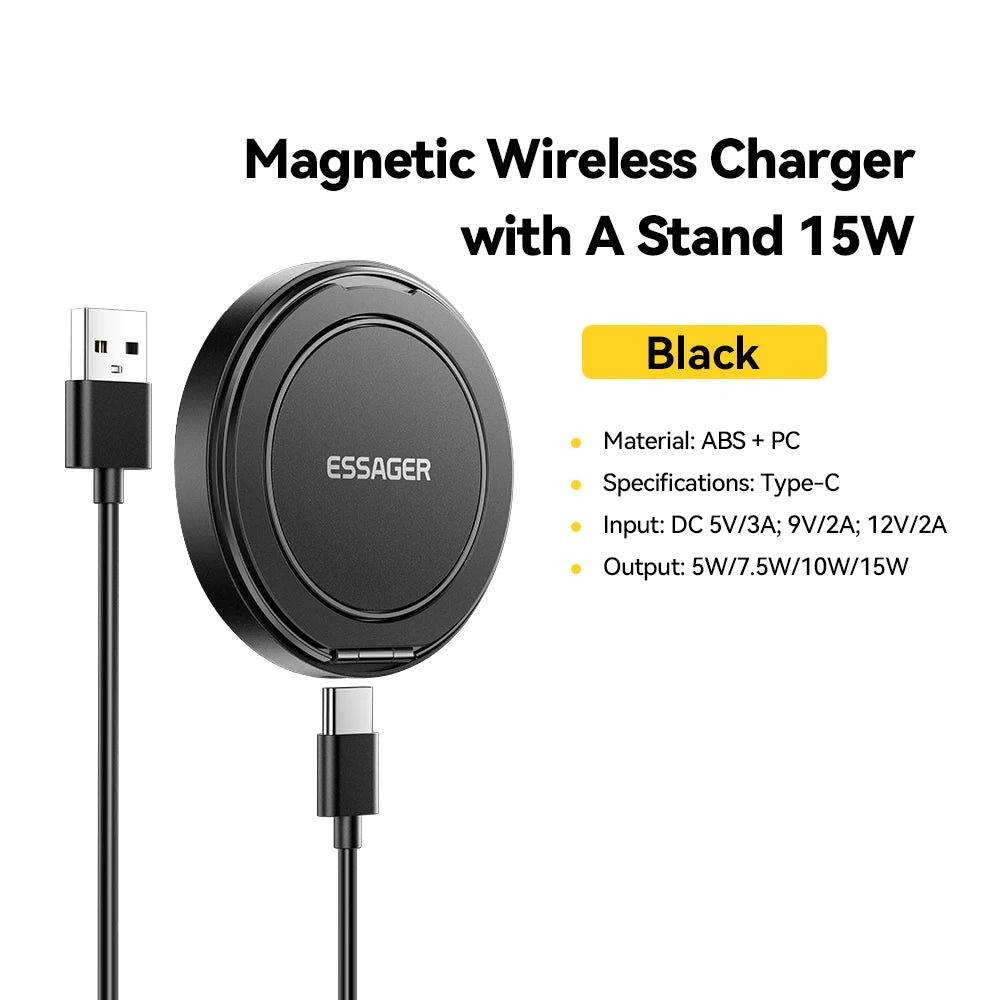 Cargador inalámbrico magnético Essager con soporte, carga rápida de 15 W para iPhone 16, 15, 14, 13 Pro Max y AirPods Mini.