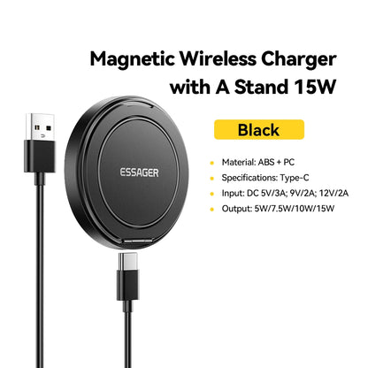 Cargador inalámbrico magnético Essager con soporte, carga rápida de 15 W para iPhone 16, 15, 14, 13 Pro Max y AirPods Mini.