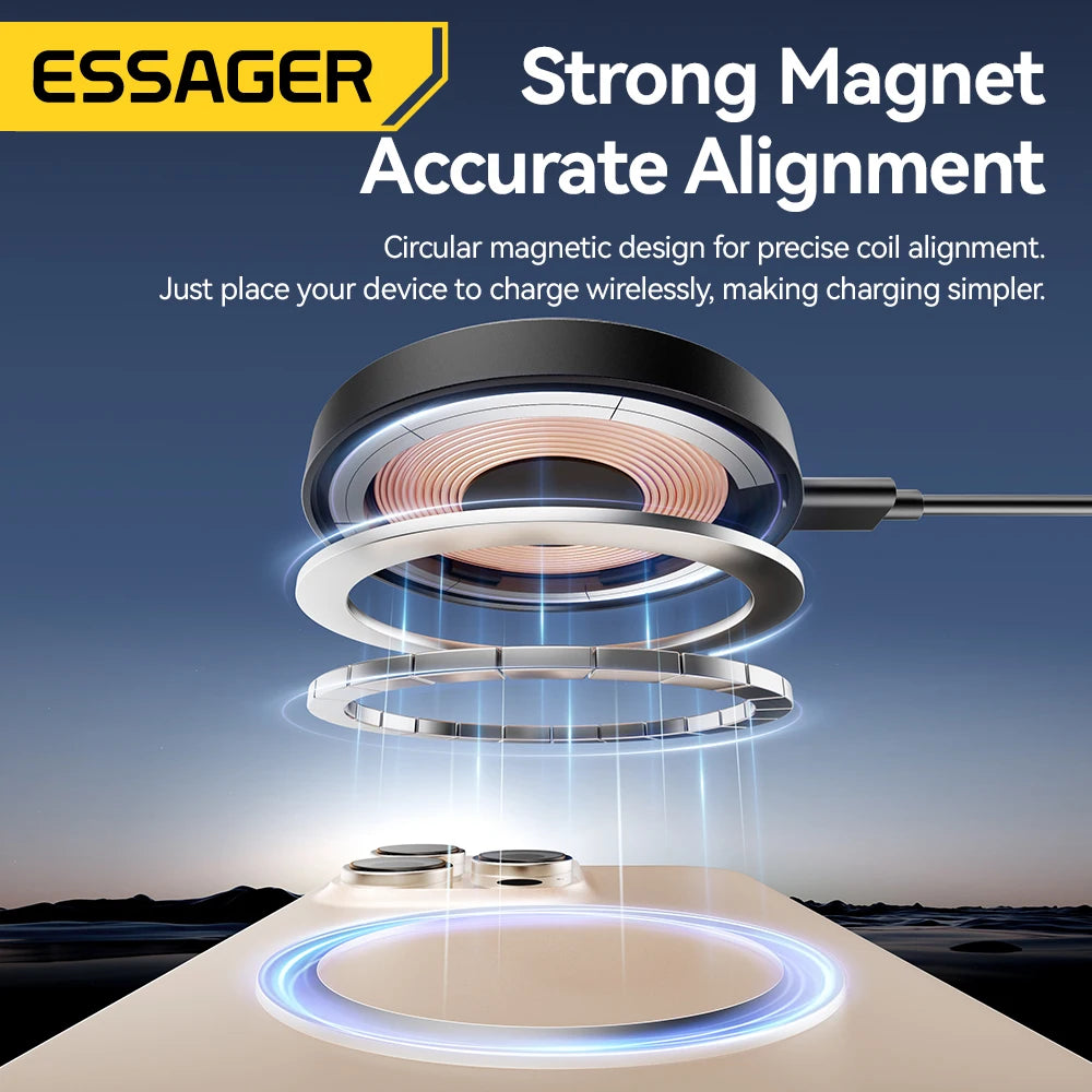 Cargador inalámbrico magnético Essager con soporte, carga rápida de 15 W para iPhone 16, 15, 14, 13 Pro Max y AirPods Mini.