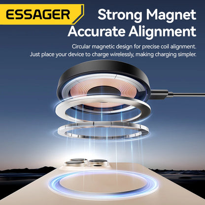 Cargador inalámbrico magnético Essager con soporte, carga rápida de 15 W para iPhone 16, 15, 14, 13 Pro Max y AirPods Mini.