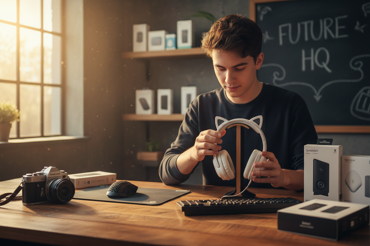 Emprendedor joven con productos tech