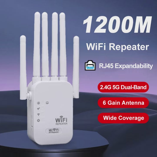 Repetidor WiFi Doble Banda 1200 Mbps — Amplificador 2.4GHz y 5GHz, 6 Antenas